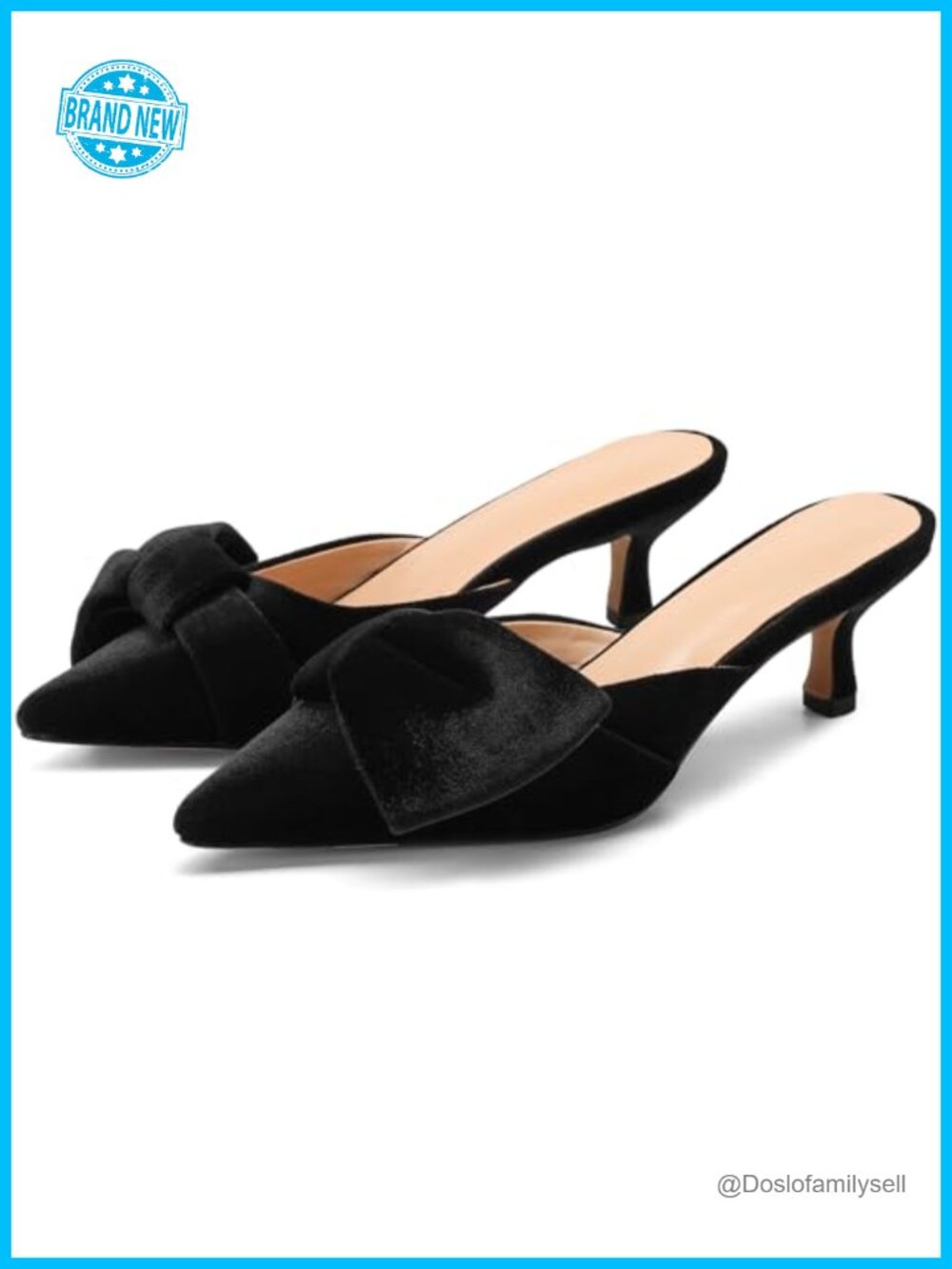 Velvet Bow Pointed Toe Kitten Heel Slip On Mules Pumps